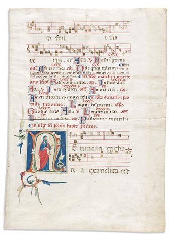 Manuscript Leaf with Music & Illuminated Initial. Single Parchment Leaf from a Gradual.